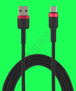 带有USB和微型USB连接器的有线电缆 绿色背景外设硬件电话电脑港口电气金属数据网络适配器图片