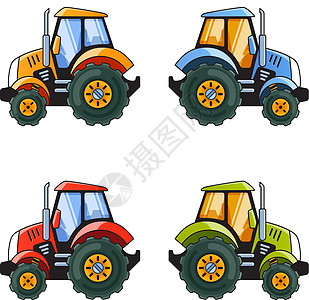 白色背景上孤立的轨迹侧视图 4 种颜色漫画蓝色幼儿园学校车辆孩子们游戏汽车建造玩具图片