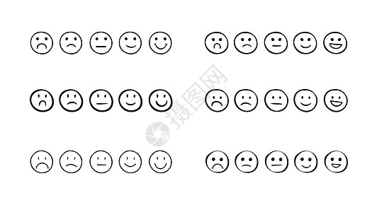 感官情绪的表情 简单的涂鸦手画风格 悲伤或快乐笑脸面孔质量顾客网络绘画按钮审查情感符号图片