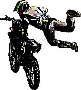 摩托车特技执行极端跳跳魔术的摩托车手的彩色矢量图像头盔自行车诡计运动行动天空摩托车竞赛车轮发动机插画