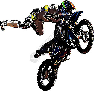 摩托车特技执行极端跳跳魔术的摩托车手的彩色矢量图像调频发动机自由危险自行车特技头盔竞赛车轮行动插画