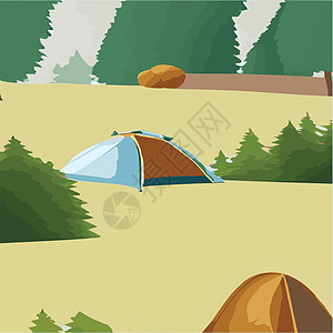 靠近绿色森林和山脉的露营帐篷 夏季或春季景观 卡通旅游营地 在森林 山景中设有野餐地点和帐篷 平面样式的矢量插图游客荒野天空营火图片
