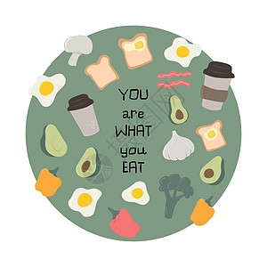 一套可爱的健康的早餐食物 带文字的卡片熏肉收藏贴纸胡椒菜单蔬菜卡通片瑜伽杯子菠菜图片