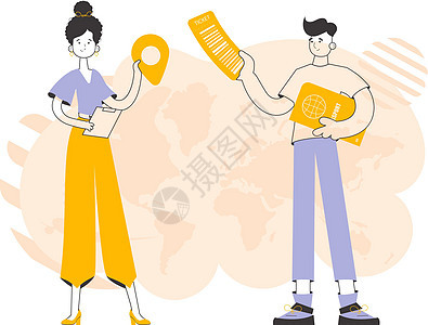 旅行团 线条风格 矢量插图商业女性职业咨询耳机经理零售世界考勤航程背景图片