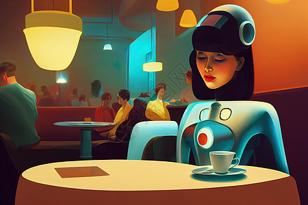 坐在咖啡店的美丽女机器人 卡通 阿塔蒙古软照明图片