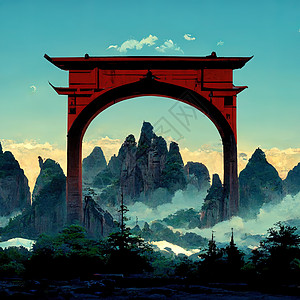 中国拱门在山峰动画背景下出现图片