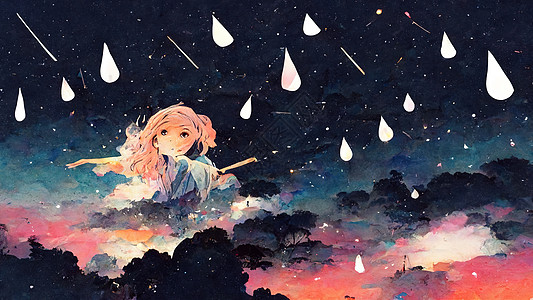 夜晚天空与落雨和伞状女孩 I 说明动漫风格图片
