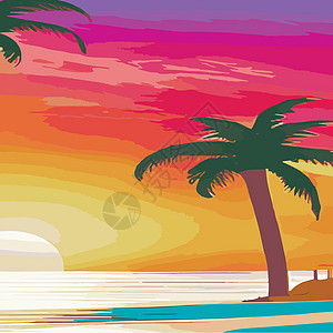 复古棕榈树海滩 具有阳光渐变的抽象背景 棕榈树剪影卡通平面全景景观 日落与棕榈树彩色背景暑假 日出或日落支撑衬套场景太阳森林旅行图片