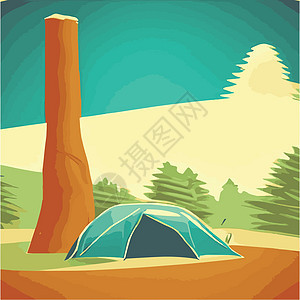 靠近绿色森林和山脉的露营帐篷 夏季或春季景观 卡通旅游营地 在森林 山景中设有野餐地点和帐篷 平面样式的矢量插图荒野营火打印远足图片