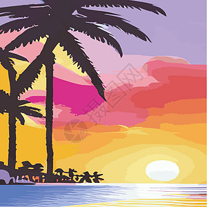 复古棕榈树海滩 具有阳光渐变的抽象背景 棕榈树剪影卡通平面全景景观 日落与棕榈树彩色背景暑假 日出或日落橙子海洋植物群旅行高颜值图片