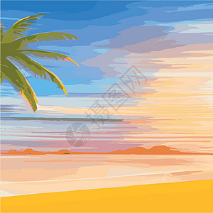 Web 与棕榈树的迈阿密海滩在日落 与晴朗的天空的热带风景 在海滩的棕榈树 手掌的轮廓插图海报天堂旅行假期墙纸乐趣框架海洋季节图片