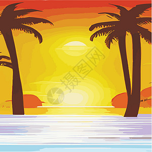复古棕榈树海滩 具有阳光渐变的抽象背景 棕榈树剪影卡通平面全景景观 日落与棕榈树彩色背景暑假 日出或日落插图热带天空旅行广告情调图片