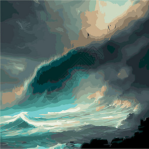 海洋潮波背景 海水 风暴浪和水中无缝卡通矢量背景图解装饰程式化海啸艺术草图作品风暴冲浪运动蓝色图片