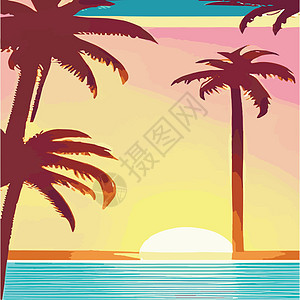 复古棕榈树海滩 具有阳光渐变的抽象背景 棕榈树剪影卡通平面全景景观 日落与棕榈树彩色背景暑假 日出或日落绘画天空口号天堂植物季节图片