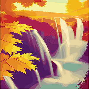 秋天森林风貌 岩石上瀑布不断形成 自然景象的矢量漫画插图天空插画家花园旅行树叶卡通片树木微风农业天堂图片