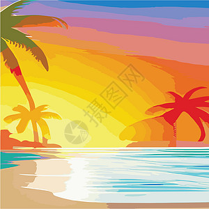 复古棕榈树海滩 具有阳光渐变的抽象背景 棕榈树剪影 标志暑假的矢量设计模板 日落与棕榈树彩色背景太阳海洋地平线叶子旅行异国天堂天图片