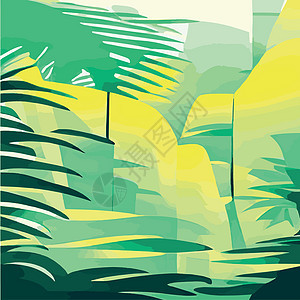 带有红棕榈树叶的热带打印卡片 绿洲景观 手工绘制的矢量图示森林插图丛林蕨类气候植被环境广告墙纸边界背景图片