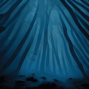 深夜森林中树木的轮椅 有蓝色烟雾色 奇妙神秘地貌 福吉森林魔法装饰品季节插图卡通片松树庆典小路月光动画片图片