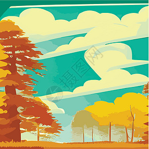 秋天的乡村景色与日落 全景中秋叶从橙色树丛中的树上落下插图收成卡通片阴影阳光花园风光爬坡农村田园图片