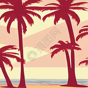 复古棕榈树海滩 具有阳光渐变的抽象背景 棕榈树剪影卡通平面全景景观 日落与棕榈树彩色背景暑假 日出或日落异国收藏森林假期棕榈旅行图片