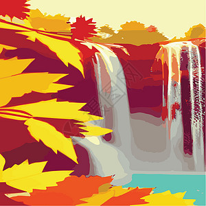 秋天森林风貌 岩石上瀑布不断形成 自然景象的矢量漫画插图明信片花园风景农业辉光游客植物玻璃射线手绘图片