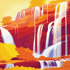 秋天森林风貌 岩石上瀑布不断形成 自然景象的矢量漫画插图风景情调季节海报公园橙子场地微风异国环境图片