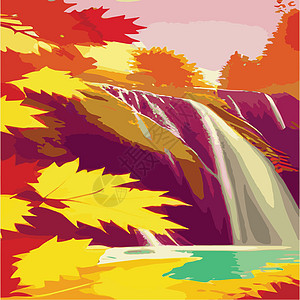 秋天森林风貌 岩石上瀑布不断形成 自然景象的矢量漫画插图羚羊热带丘陵艺术旅行蓝色季节野生动物环境卡通片图片