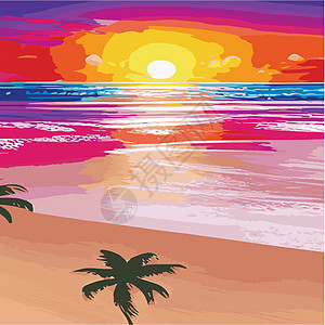 复古棕榈树海滩 具有阳光渐变的抽象背景 棕榈树剪影卡通平面全景景观 日落与棕榈树彩色背景暑假 日出或日落高颜值场景天空异国绘画树图片