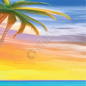 Web 与棕榈树的迈阿密海滩在日落 与晴朗的天空的热带风景 在海滩的棕榈树 手掌的轮廓标识建筑物太阳旅行插图海洋城市天堂树木季节图片