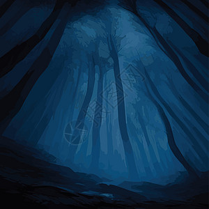 深夜森林中树木的轮椅 有蓝色烟雾色 奇妙神秘地貌 福吉森林风景装饰品动画片树干卡通片艺术传单海报天空月光图片