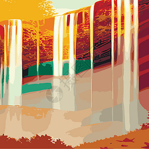 秋天森林风貌 岩石上瀑布不断形成 自然景象的矢量漫画插图天空生态绘画地平线时间林地冒险动物群季节衬套图片