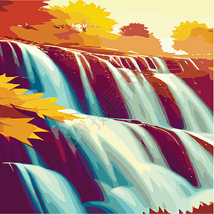 秋天森林风貌 岩石上瀑布不断形成 自然景象的矢量漫画插图日落旅行环境蓝色林地网络液体小路卡通片海浪图片