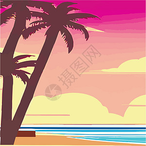 海滩上的老式棕榈树 具有阳光渐变的抽象背景 棕榈树剪影 徽标 图标的矢量设计模板 暑假 日落与彩色背景上的棕榈树沙漠明信片冲浪假图片