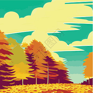 秋天的乡村景色与日落 全景中秋叶从橙色树丛中的树上落下背景农场落叶框架环境田园公园草地长椅彩色图片