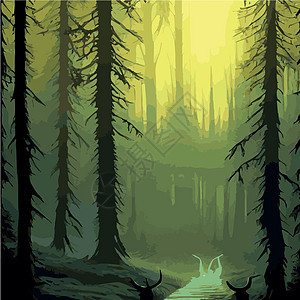 印刷神秘森林 夜暗雾林的背景景观 卡通彩色的泰加黑图示Taiga dark青少年蓝色地平线卡片树木绘画针叶树森林木头天空图片