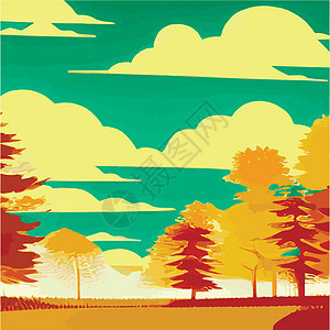 秋天的乡村景色与日落 全景中秋叶从橙色树丛中的树上落下收藏农田农场环境艺术森林季节背景草地橙子图片