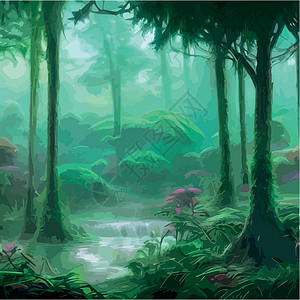 印刷的外来雾森林自然林地貌 矢量说明 风景双影 浓树 鲜花泉团体绿色植物分支机构丛林活动雨林灌木丛背光情调异国图片