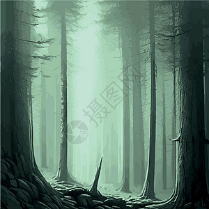 印刷神秘森林 夜暗雾林的背景景观 卡通彩色的泰加黑图示Taiga dark日光卡通片阴影林地天空艺术针叶木头工艺森林图片