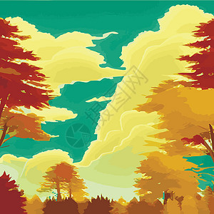 秋天的乡村景色与日落 全景中秋叶从橙色树丛中的树上落下农村花朵叶子建筑物天空感恩树枝插图橙子木头图片