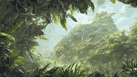 森林景观背景图示 由树叶和树叶制成的装饰品 在林地上展示绘画动物群插图环境木材雨林包装纸生长椰子异国图片