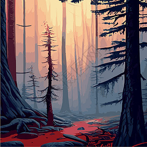 印刷神秘森林 夜暗雾林的背景景观 卡通彩色的泰加黑图示Taiga dark针叶公园叶子荒野绘画森林弯曲怪物地形阴霾图片