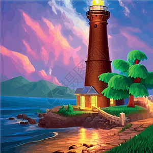 带有白色灯塔的网络和平海边景观 矢量插图 灯塔和岩石上的谷仓场景房子建筑风景冲浪艺术海滩海洋反射蓝色图片