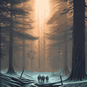 印刷神秘森林 夜暗雾林的背景景观 卡通彩色的泰加黑图示Taiga dark星星针叶树月亮天空冒险旅行蓝色衬套木头荒野图片