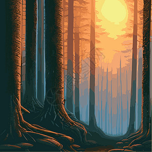 印刷神秘森林 夜暗雾林的背景景观 卡通彩色的泰加黑图示Taiga dark月光天空公园云杉动画片青少年插图蓝色艺术城市图片