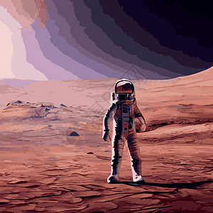宇航员探索太空是沙漠火星 宇航员宇航服在恒星和行星背景下执行超宇宙活动空间 人类太空飞行 现代炫彩矢量图平面男人艺术品草图气氛设图片