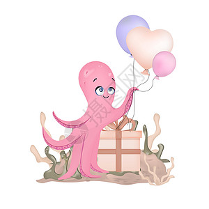 章鱼字符 生日快乐 气球 可爱的小动物章鱼 海洋生物 水下世界 T 恤印花设计 儿童插画图片