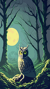 垂直矢量插图 猫头鹰坐在树枝上看得非常严重 而猫头鹰在月圆下栖息于森林中月光装饰品绘画警卫卡通片黑暗卡片眼睛艺术旅行图片