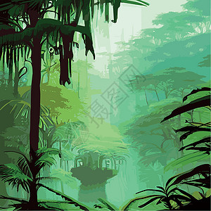 扎哈印刷多彩热带雨林 棕榈叶和其他植物 阿洛哈纺织品收集 茂密的热带森林生态叶子丛林木头杂草插图灌木丛异国风景雨林插画