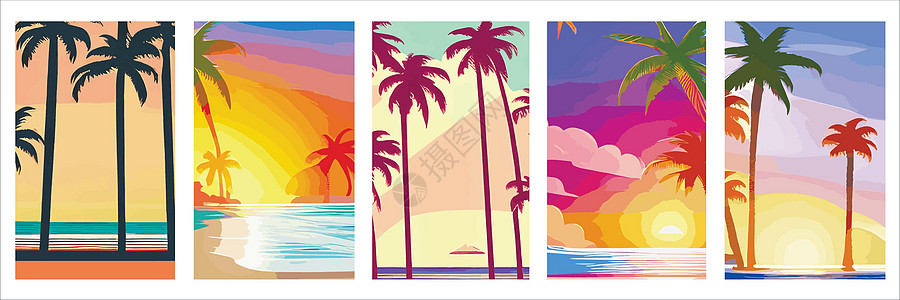 设置垂直反向日落海报 在棕榈树海滩上设定80和90年代的风格 背景摘要 有阳光梯度雨林太阳紫色异国日出空气戏剧性海洋橙子假期图片