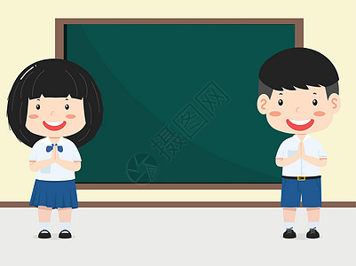 带着黑板的可爱泰籍小学生教育课堂瞳孔手指学习学校童年孩子木板绿色图片